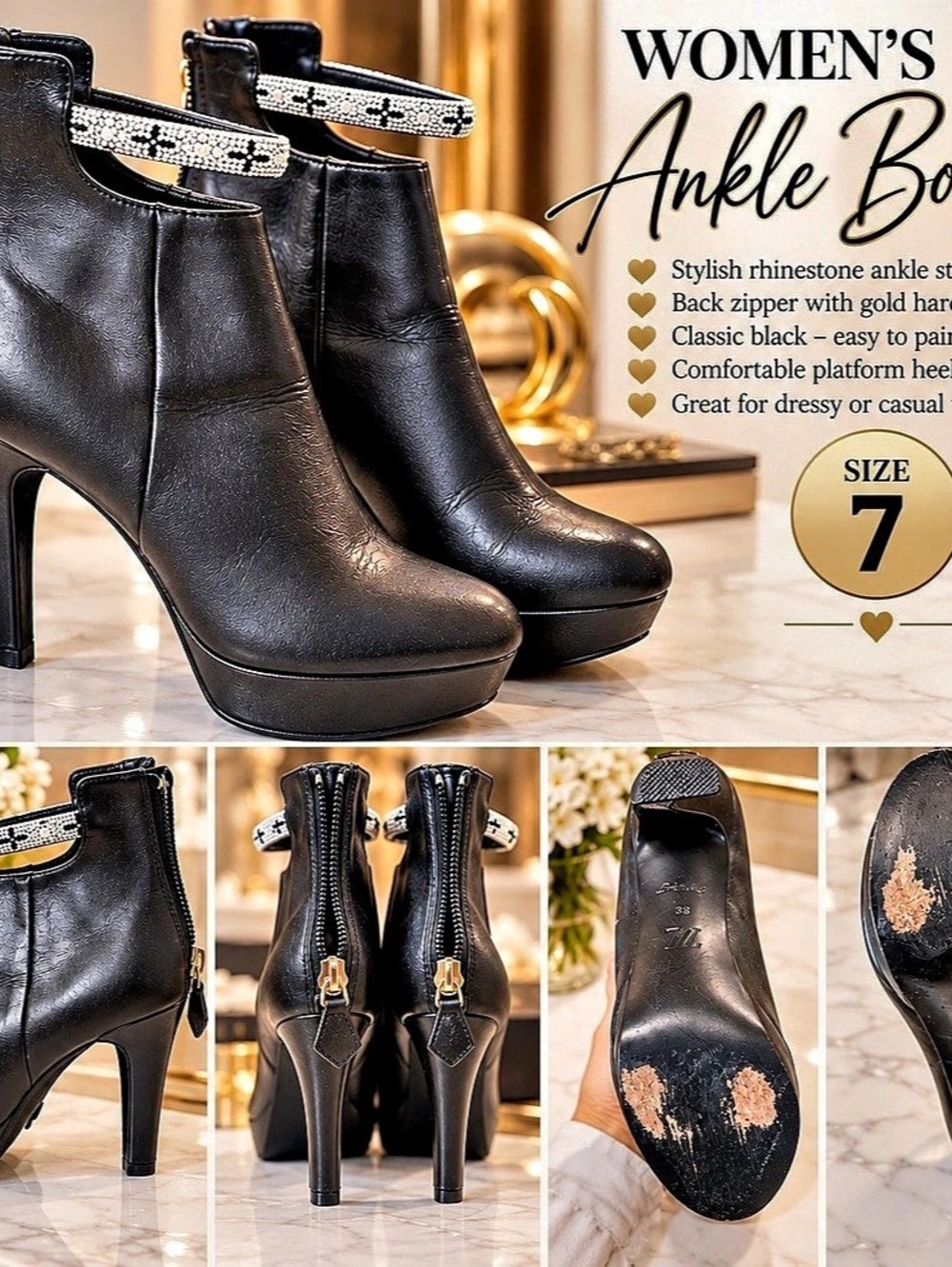 LV Rhinestone Strap Black Ankle Boots US 7
